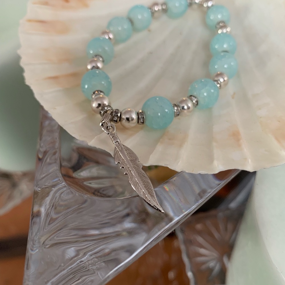 Custom Feather Charm Bracelet w/ Aquamarine Beads